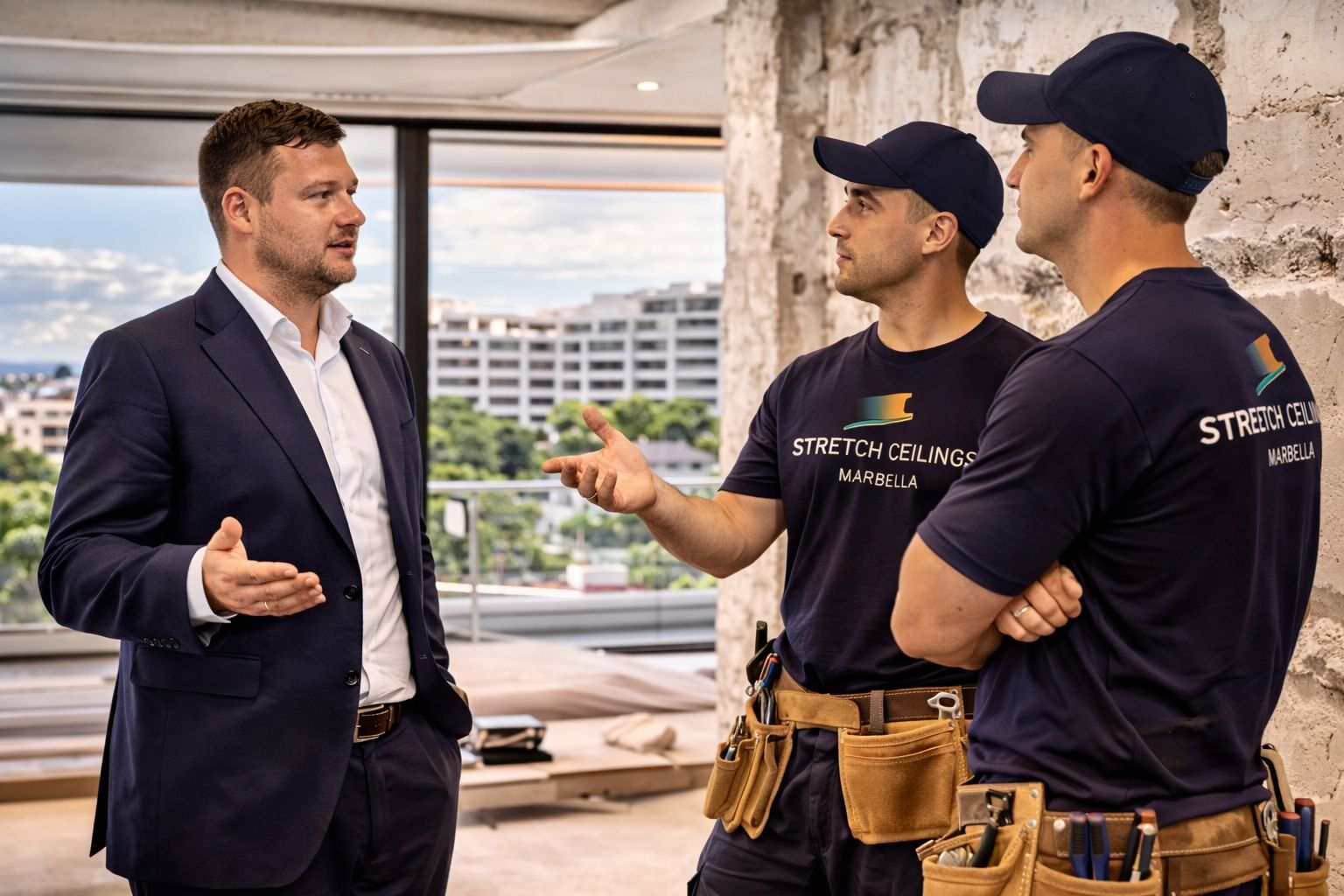 Viktor Pomchenko with team on construction site